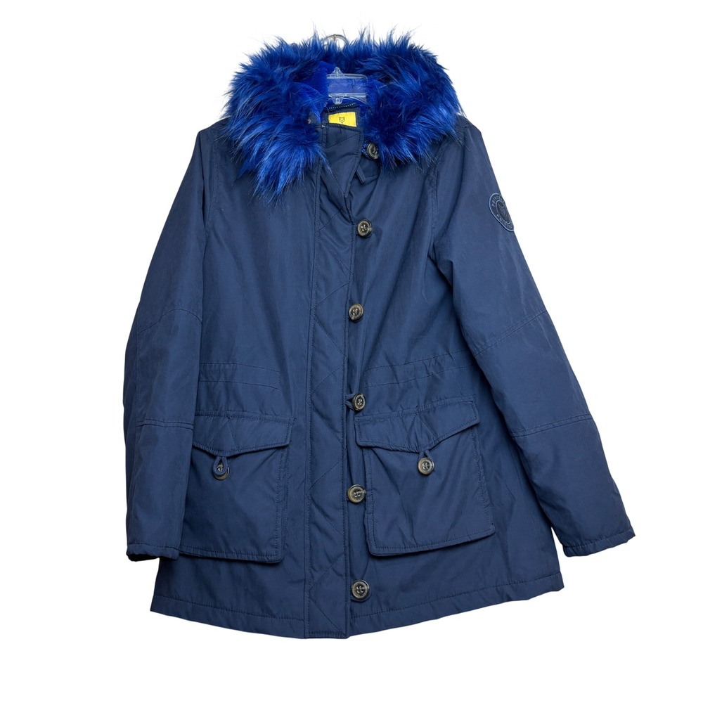 Prince & Fox Parka‎ Jacket Womens Large L Navy Blue Faux Fur Hood Colorful Cozy